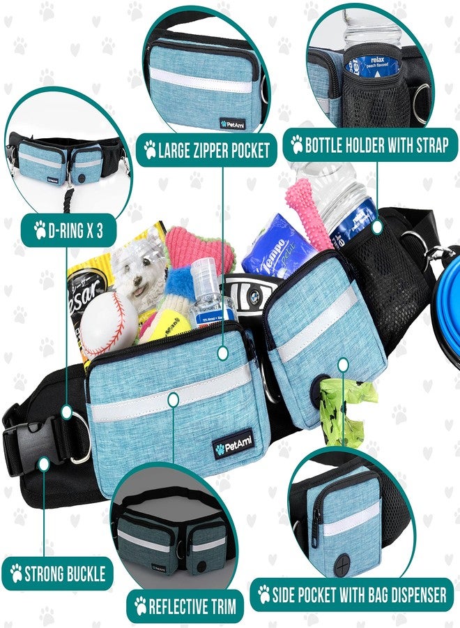 PetAmi Hands Free Dog Leash, Dog Running Leash Belt Bag for Walking, Jogging, Dog Waist Double Zipper Pouch with Poop Bag Dispenser, Dual Padded Handles Reflective Bungee Leash, Single (Turquoise) - Image 3